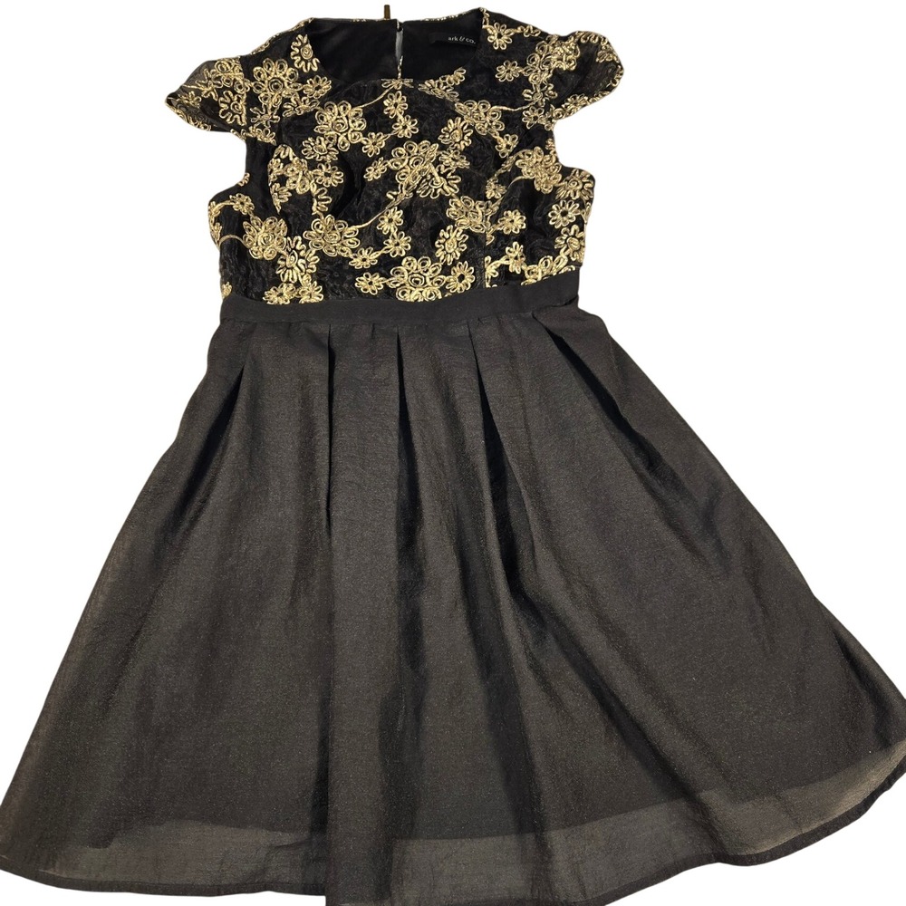Ark & Co Black Gold Floral Embroidered Cap Sleeve Fit Flare Cocktail Dress Small